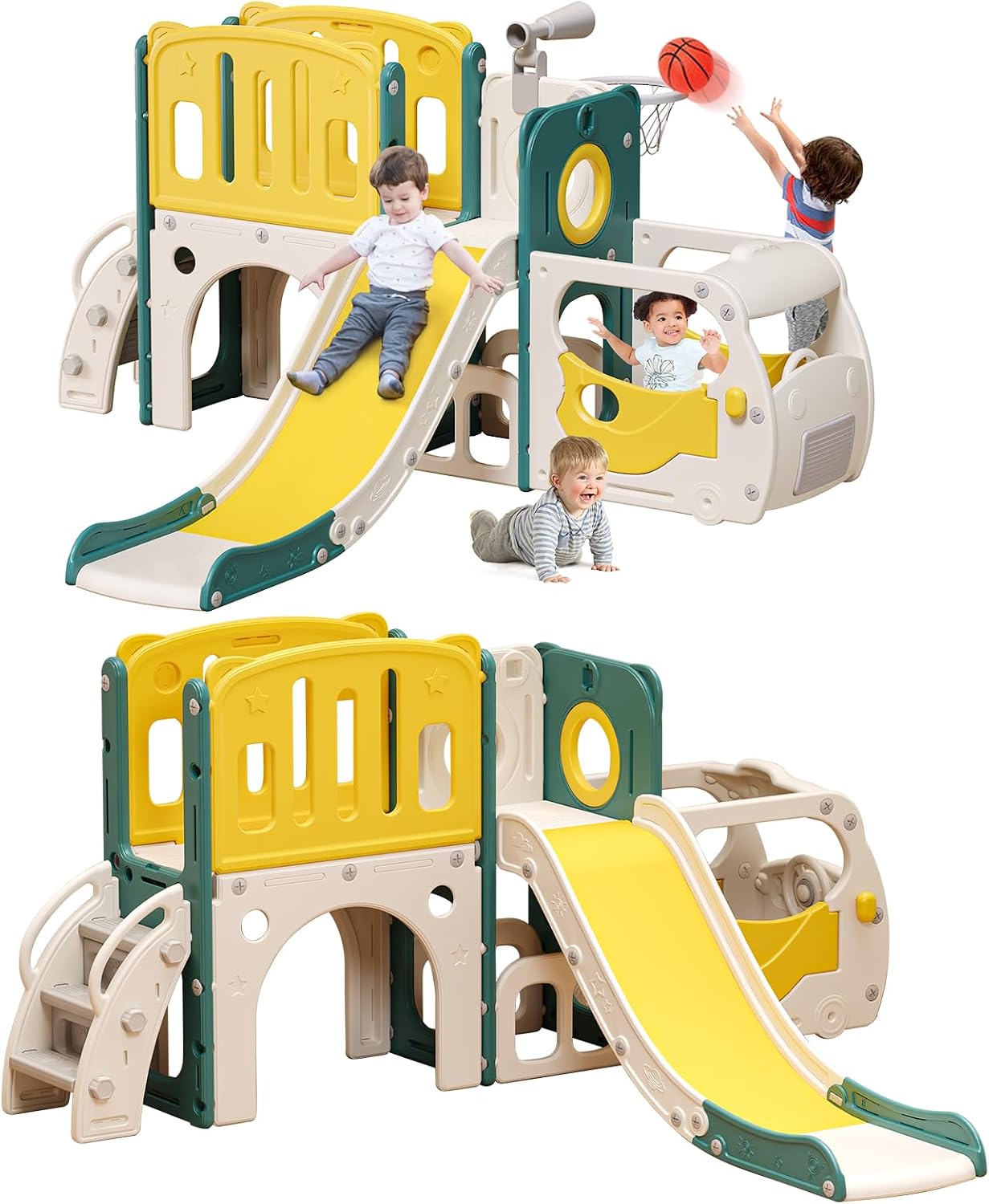 Kids Outdoor Climber - สไลเดอร์สำหรับเด็กเล็ก ชุดสไลเดอร์สำหรับเด็กเล่น ธีมรถบัส สนามเด็กเล่นพร้อมที่ปีนป่ายและห่วงบาสเกตบอล สำหรับเล่นในร่มและกลางแจ้ง