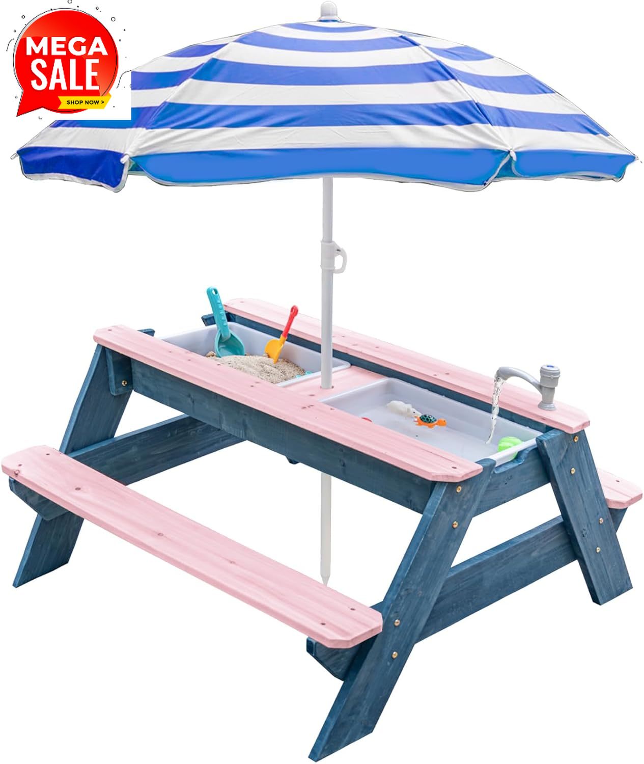 Kids Outdoor Table With Umbrella - โต๊ะทรายและน้ำ 3-in-1 สำหรับเด็ก, โต๊ะปิกนิกไม้แบบปรับเปลี่ยนได้สำหรับใช้งานกลางแจ้งพร้อมร่ม, ถาด 2