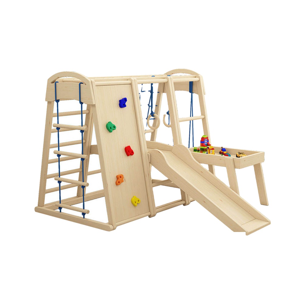 Kids Outdoor Wooden Climbing Frame - ชุดเครื่องเล่นไม้สำหรับเด็กในร่มและกลางแจ้ง มอนเตสซอรี่ พร้อมสไลเดอร์ ชิงช้า และอุปกรณ์สนามเด็กเล่นอื่นๆ