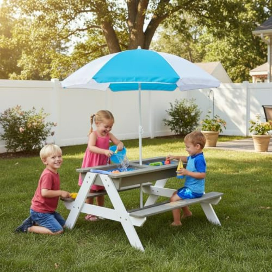 Kids Outdoor Table With Umbrella - โต๊ะปิกนิกสำหรับเด็กกลางแจ้ง โต๊ะกิจกรรมทรายและน้ำ 3-in-1 ทำจากไม้ พร้อมกล่องเก็บของแบบถอดได้ 2