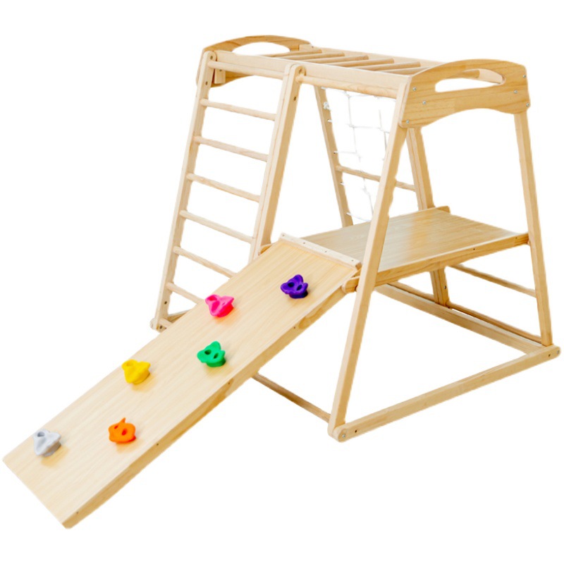 Kids Outdoor Wooden Climbing Frame - ชุดเครื่องเล่นเด็กกลางแจ้งในร่ม ทำจากไม้เนื้อแข็ง พร้อมสไลเดอร์ ชิงช้า ห่วง และโครงปีนป่าย