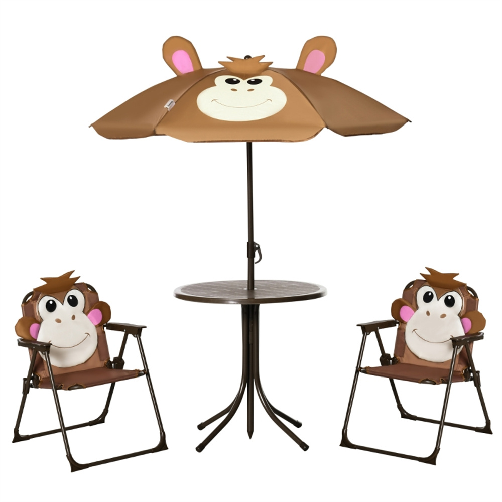 Kids Outdoor Table With Umbrella - ชุดโต๊ะเก้าอี้สำหรับเด็ก ลายลิงน่ารัก พร้อมร่มกันแดดลายการ์ตูนแบบถอดได้ เฟอร์นิเจอร์เด็กแบบพับได้ พกพาสะดวกสำหรับใช้งานกลางแจ้ง โต๊ะโลหะทรงกลมพร้อมเก้าอี้พับ
