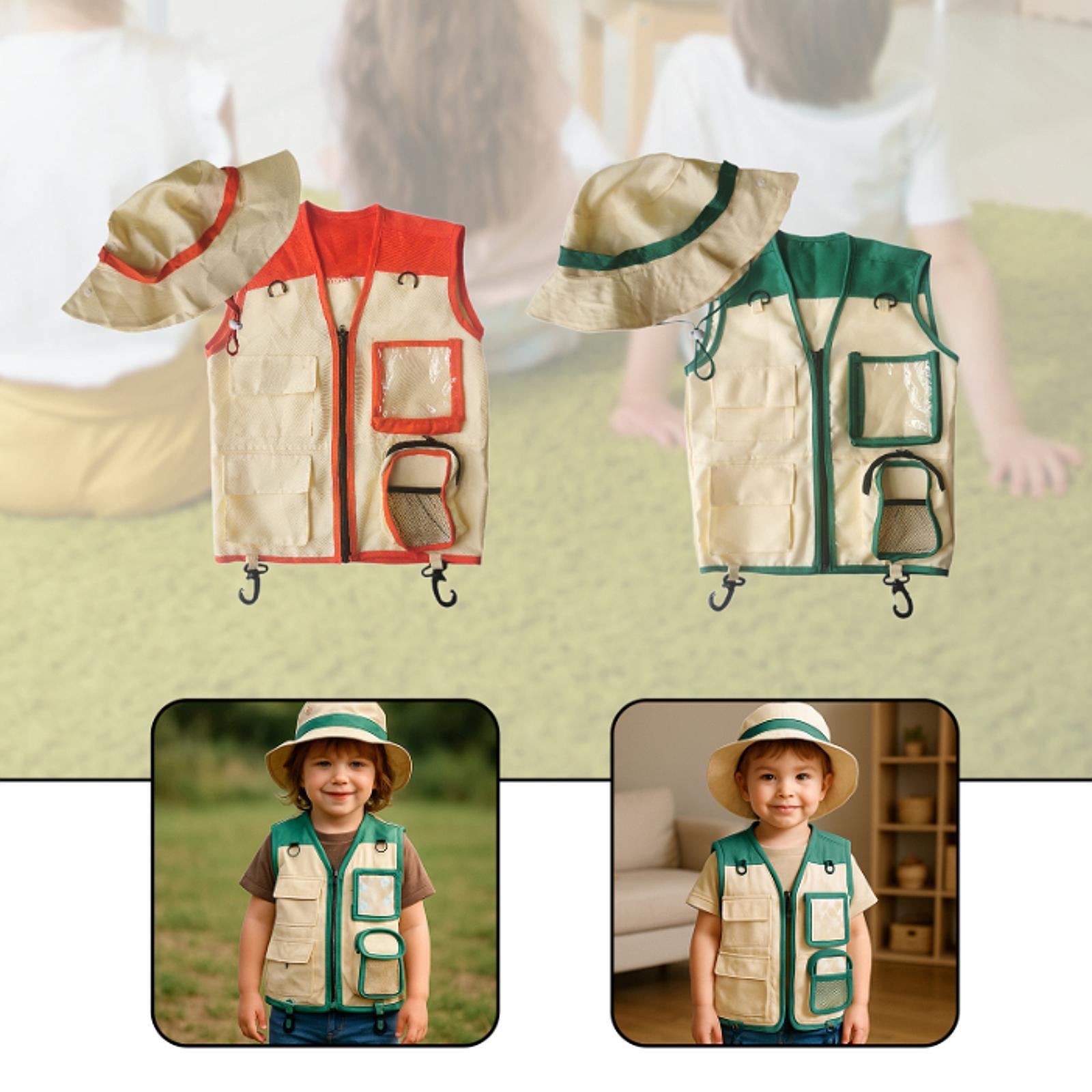 Kids Outdoor Zoo - ชุดเสื้อกั๊กและหมวกเด็กนักสำรวจสำหรับเด็กชายและเด็กหญิง ชุดสำรวจกลางแจ้ง ชุดเด็กสำหรับตั้งแคมป์ ดูแลสวนสัตว์ ตกปลา ของขวัญวันเกิด