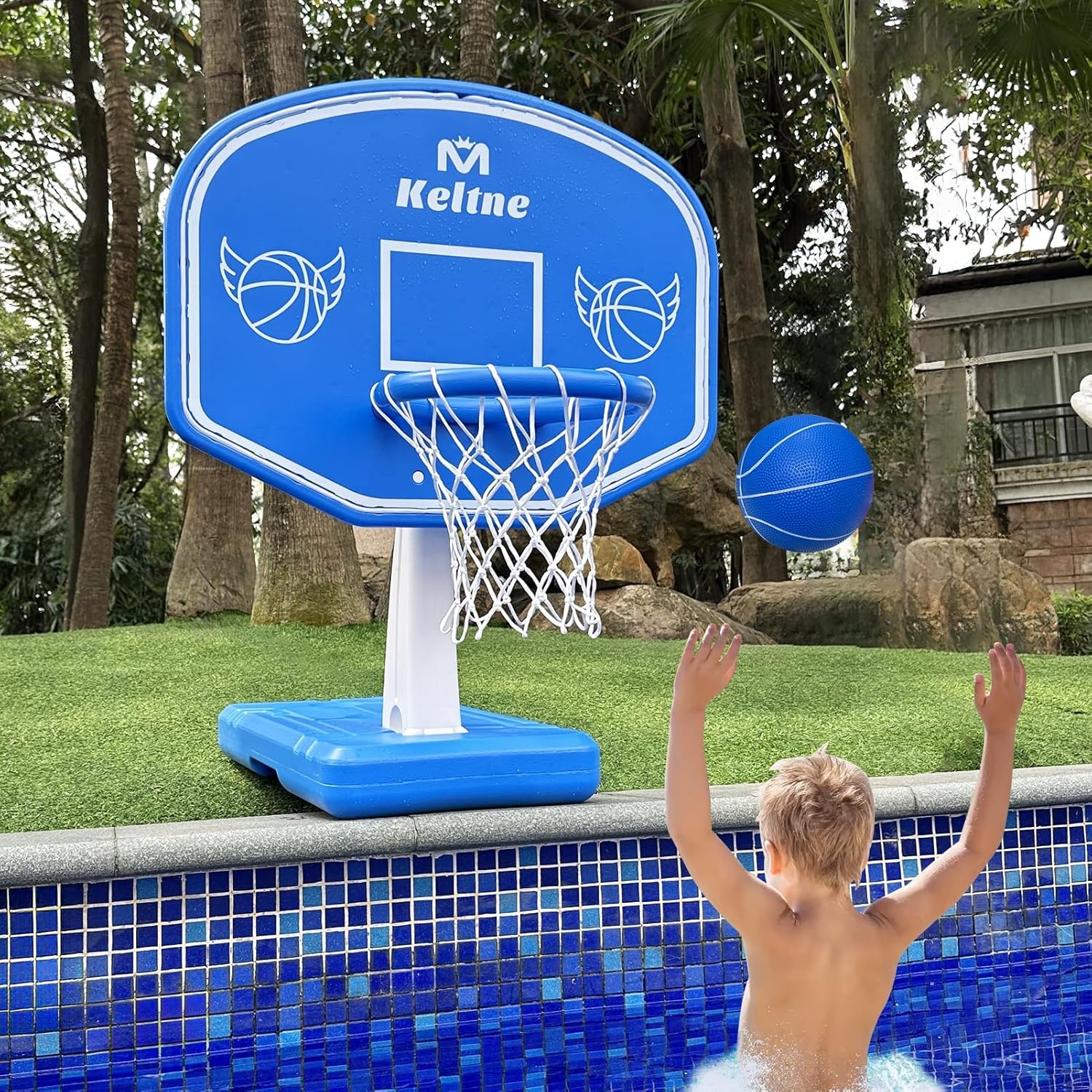 Kids Outdoor Basketball - ห่วงบาสเก็ตบอลสำหรับสระว่ายน้ำขนาดใหญ่พร้อมฐานที่แข็งแรงทนทาน เหมาะสำหรับการเล่นบาสเก็ตบอลริมสระน้ำ มาพร้อมลูกบอล 2 ลูกและปั๊มลม กิจกรรมทางน้ำแสนสนุกสำหรับเด็กและผู้ใหญ่