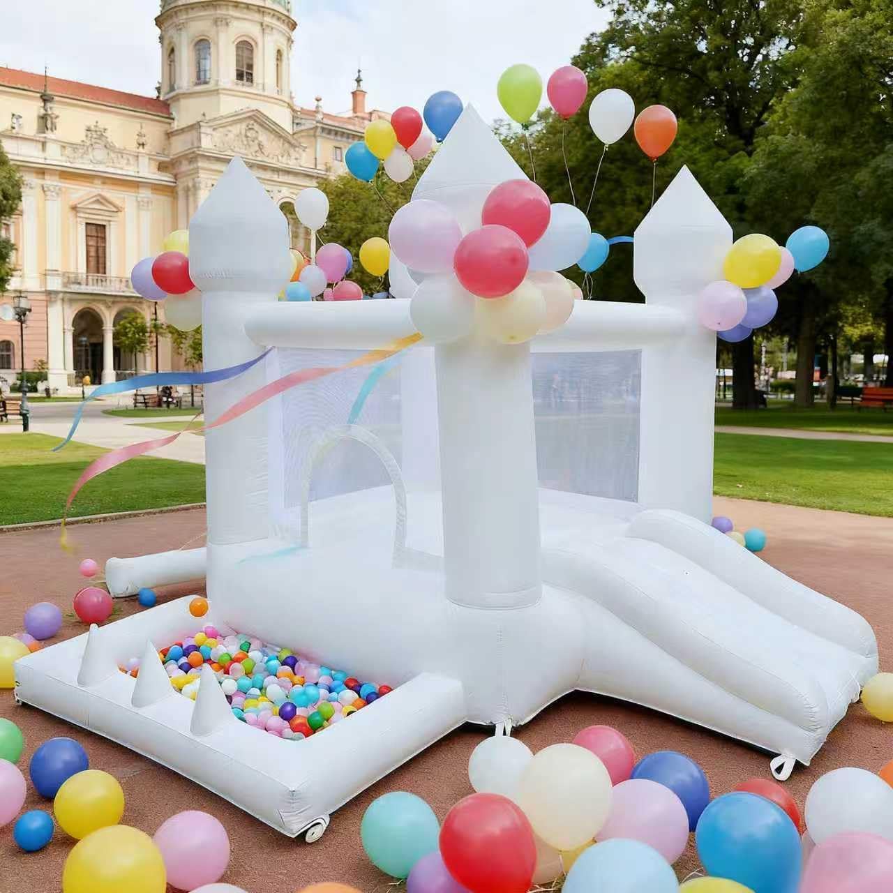 Kids Outdoor Inflatable - บ้านลมสีขาว, บ้านลมสำหรับใช้ในร่มและกลางแจ้ง, บ้านลมเป่าลมพร้อมบ่อบอลและสไลเดอร์, บ้านลมสำหรับเด็กทุกช่วงอายุ