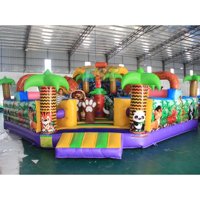 Kids Outdoor Zoo - ปราสาทเป่าลมขนาดใหญ่สำหรับเด็กแบบขายส่ง ทำจาก PVC สำหรับใช้งานกลางแจ้ง พร้อมสไลเดอร์และส่วนประกอบเป่าลมรูปสัตว์ในสวนสัตว์