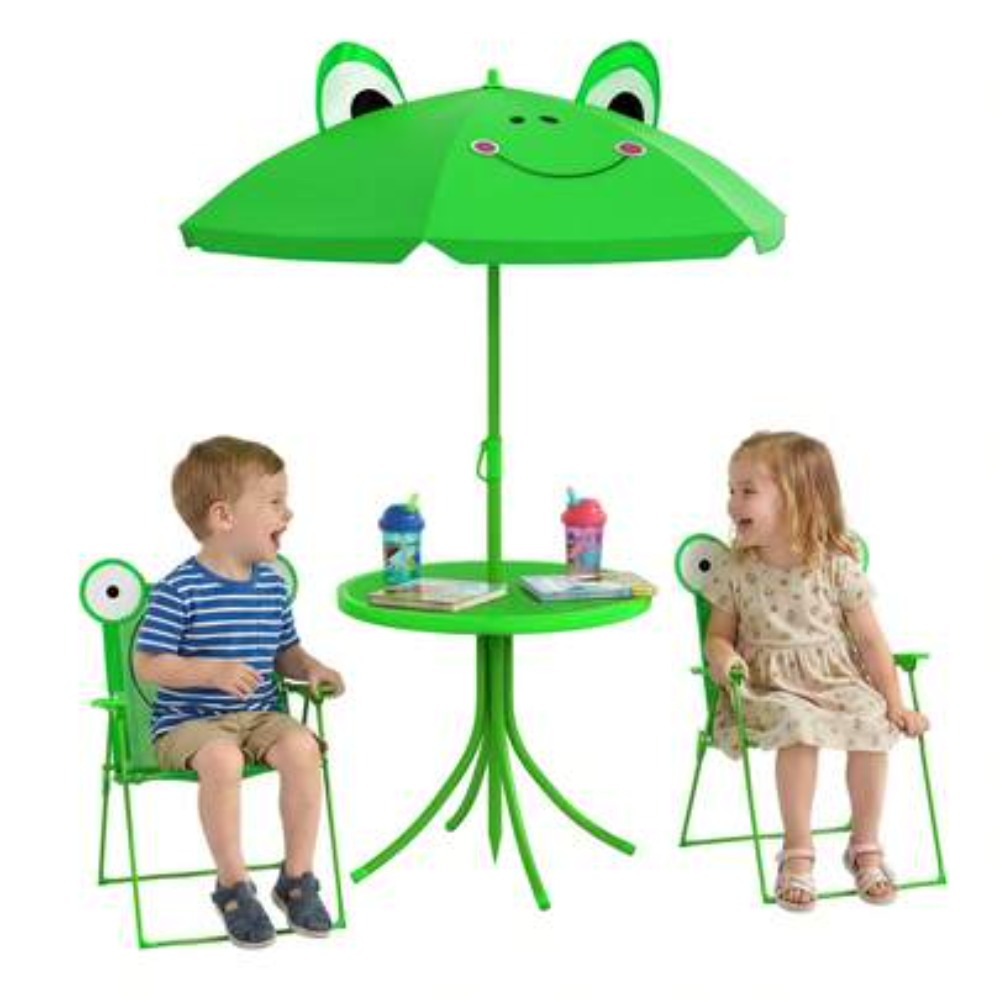 Kids Outdoor Table With Umbrella - ชุดโต๊ะและเก้าอี้สำหรับเด็ก โต๊ะปิกนิกพับได้สำหรับใช้งานกลางแจ้งพร้อมร่มสำหรับเด็กเล็ก ลายกบสีเขียว มาพร้อมกระเป๋าพกพา เหมาะสำหรับเด็กอายุ 2-6