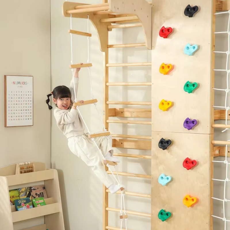 Kids Outdoor Wooden Climbing Frame - บาร์โหนในร่มสำหรับเด็ก โครงปีนป่ายไม้ โครงไม้แขวนผนังแบบสวีเดนสำหรับเด็กเล็ก