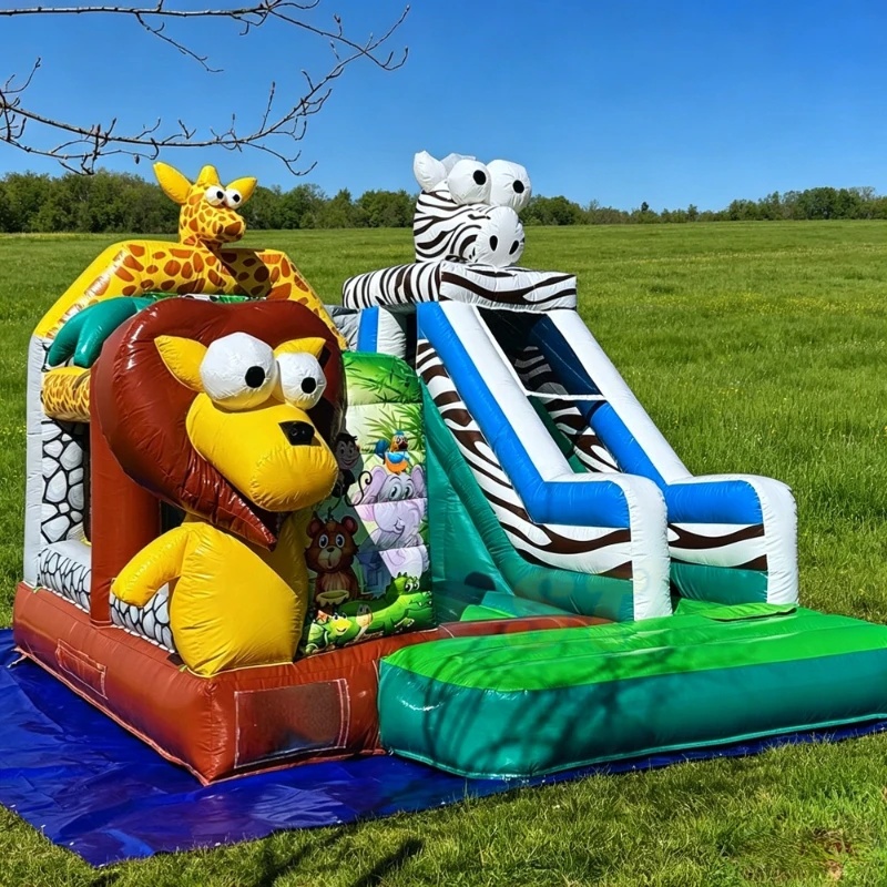 Kids Outdoor Zoo - บ้านลมเป่าลมรูปสิงโตในสวนสัตว์ ทำจาก PVC ทนทานสำหรับใช้งานกลางแจ้ง พร้อมสไลเดอร์สำหรับเด็ก เหมาะสำหรับให้เช่าในงานปาร์ตี้