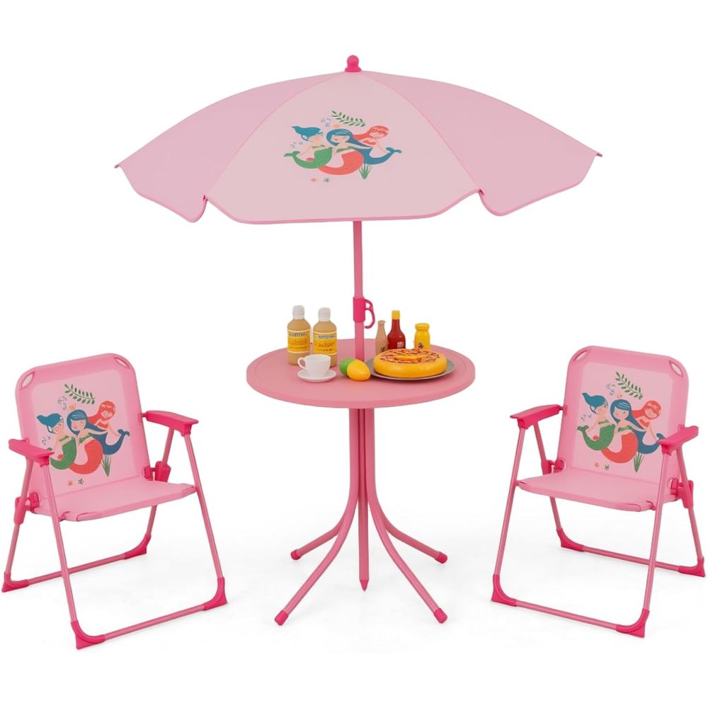 Kids Outdoor Table With Umbrella - โต๊ะปิกนิกสำหรับเด็ก, โต๊ะกลางแจ้งสำหรับเด็กพร้อมเก้าอี้พับ 2 ตัว, ร่มปรับระดับความสูงได้, เฟอร์นิเจอร์กลางแจ้งสำหรับเด็กแบบพกพาหรือ
