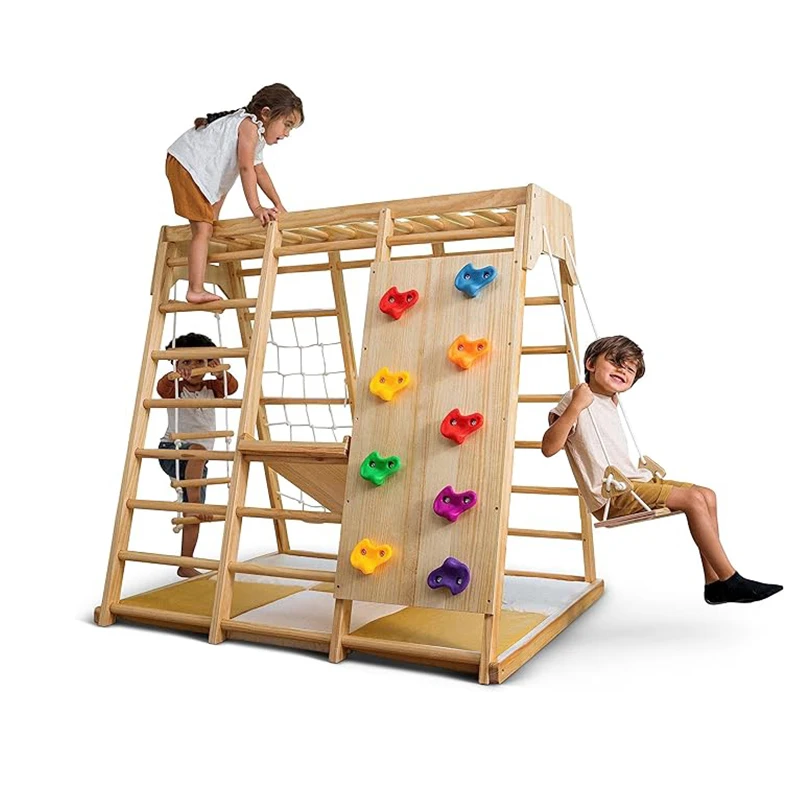 Kids Outdoor Wooden Climbing Frame - ชุดเครื่องเล่นสนามเด็กเล่นในร่ม อุปกรณ์ออกกำลังกาย ฟิตเนส บ้านเด็กเล่น สไลเดอร์ เชือก