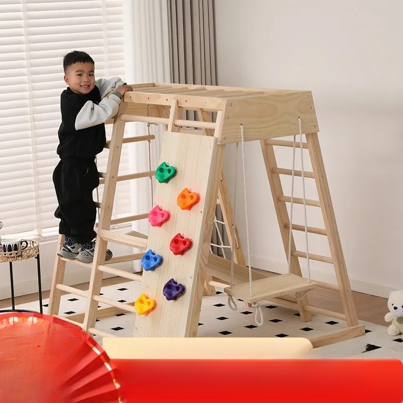 Kids Outdoor Wooden Climbing Frame - JMZ ชุดเครื่องเล่นปีนป่ายไม้สำหรับเด็ก พร้อมสไลเดอร์และชิงช้าเชือก สำหรับเล่นในร่มและกลางแจ้ง ศูนย์กิจกรรมไม้เนื้อแข็ง