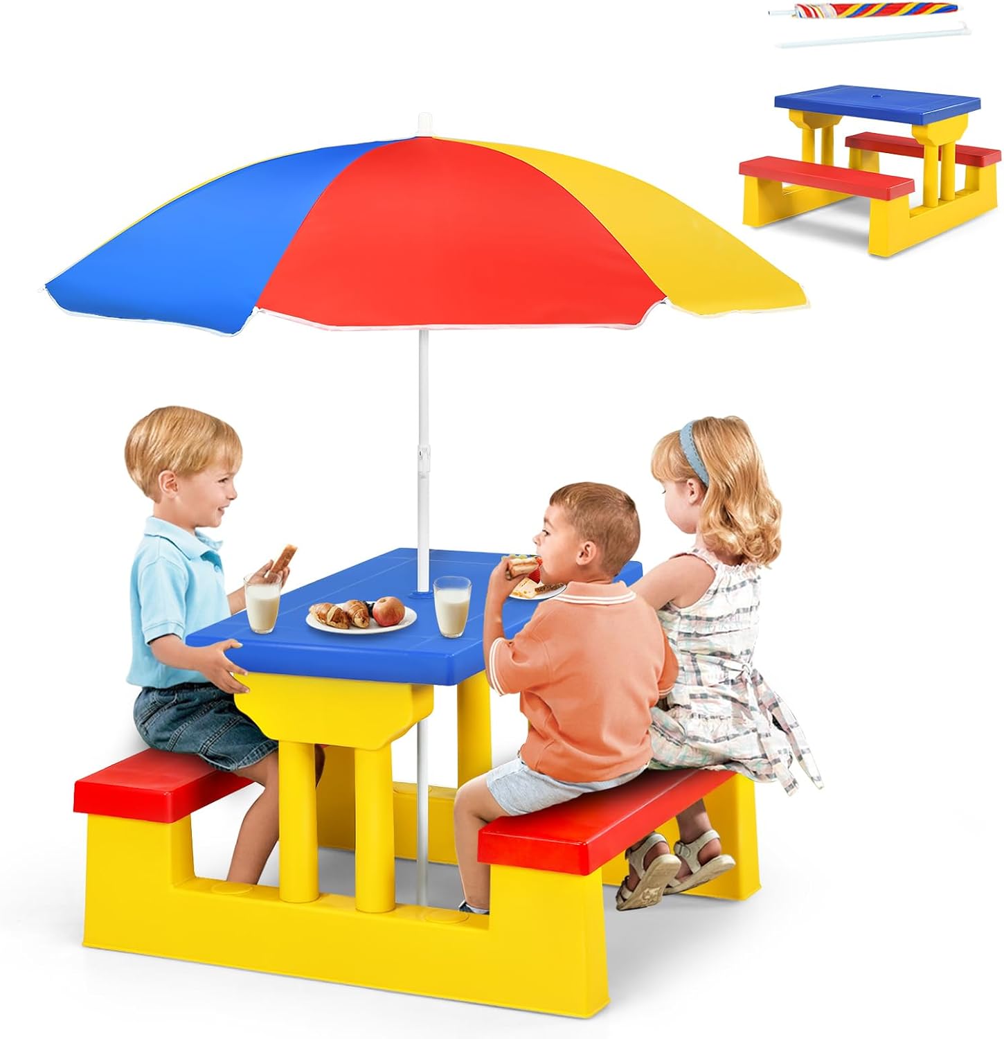 Kids Outdoor Table With Umbrella - ARMILE โต๊ะปิกนิกสำหรับเด็ก ชุดโต๊ะและม้านั่งสำหรับเด็กในร่มและกลางแจ้ง พร้อมร่มแบบถอดได้และพับได้ พกพาสะดวกสำหรับเด็กเล็ก