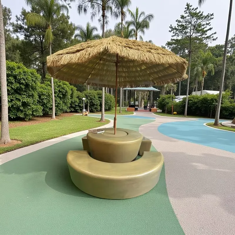 Kids Outdoor Table With Umbrella - ชุดโต๊ะกลมและเก้าอี้กลางแจ้งทันสมัย พร้อมร่มกันน้ำ ทนทาน ดีไซน์ไม้ พร้อมม้านั่งพลาสติกสำหรับเด็ก ปิกนิก