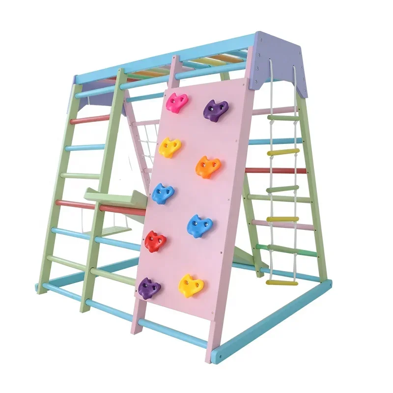 Kids Outdoor Wooden Climbing Frame - ชุดเครื่องเล่นปีนป่ายไม้สำหรับเด็ก พร้อมชิงช้า สไลเดอร์ และอุปกรณ์ออกกำลังกายกลางแจ้ง สำหรับใช้ในบ้านและโรงเรียน