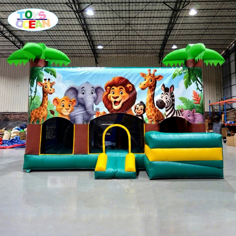 Kids Outdoor Inflatable - บ้านลมเป่าลมสำหรับเช่าสำหรับงานปาร์ตี้กลางแจ้ง พร้อมสไลเดอร์ ลายธีมสัตว์ป่า สำหรับเด็ก