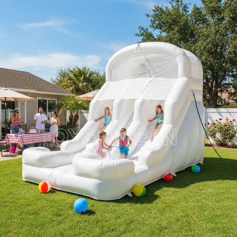 Kids Outdoor Inflatable - สไลเดอร์น้ำเป่าลมสำหรับเด็ก สไลเดอร์คู่สีขาว พร้อมสระน้ำสำหรับเล่นในสวนหลังบ้าน สำหรับงานปาร์ตี้กลางแจ้งในฤดูร้อน ให้เช่า