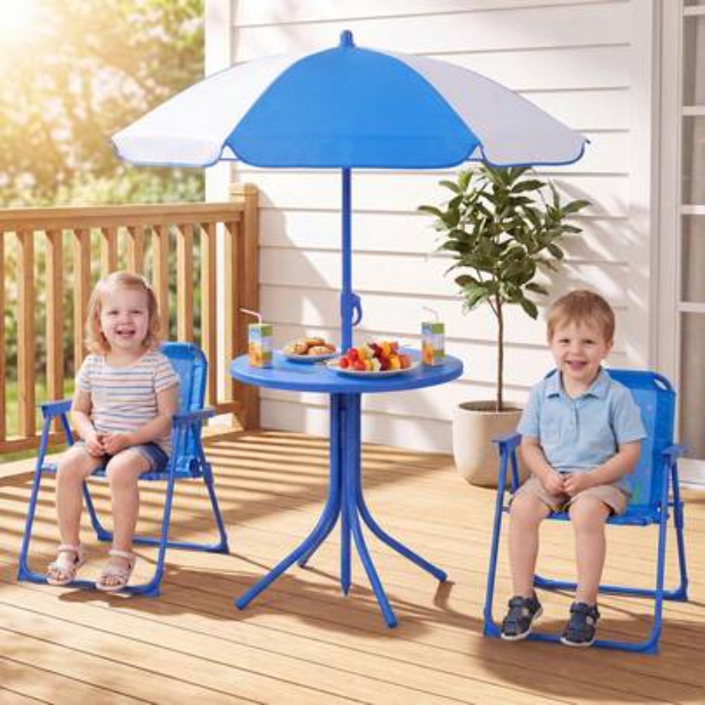 Kids Outdoor Table With Umbrella - ชุดโต๊ะปิกนิกสำหรับเด็กพร้อมเก้าอี้พับ 2 ตัวและร่มกันแดดปรับระดับได้ สำหรับเด็กอายุ 3-8 ปี