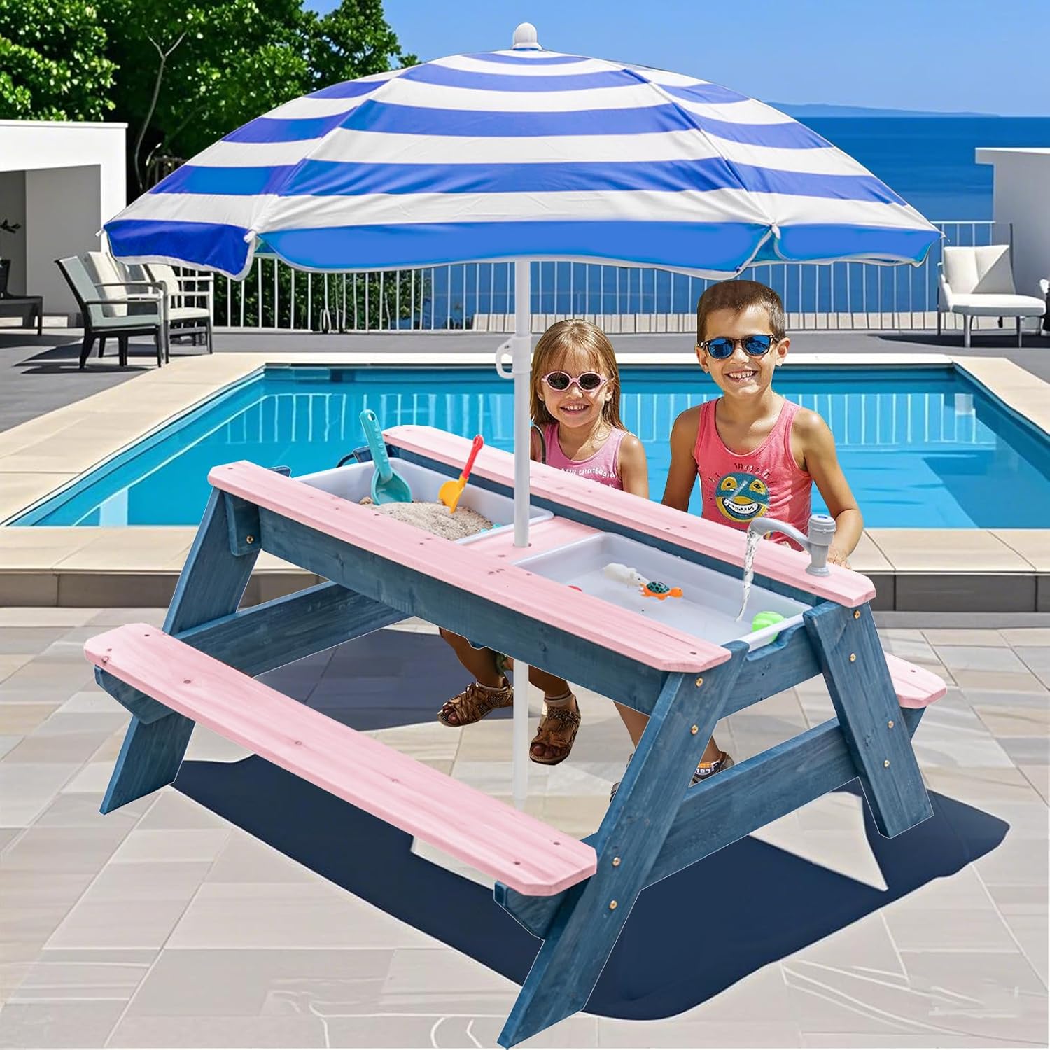 โต๊ะทรายและน้ำ 3-in-1 สำหรับเด - Kids Outdoor Table With Umbrella บทวิจารณ์และราคา