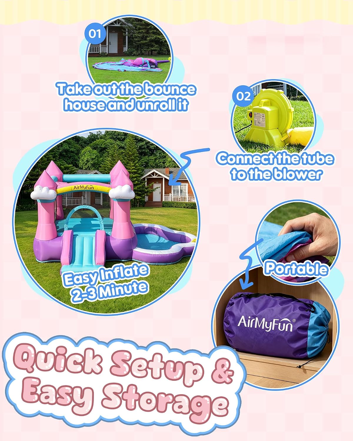 บ้านลมสีชมพูสำหรับเด็กอายุ 3-8 - Kids Outdoor Inflatable บทวิจารณ์และราคา