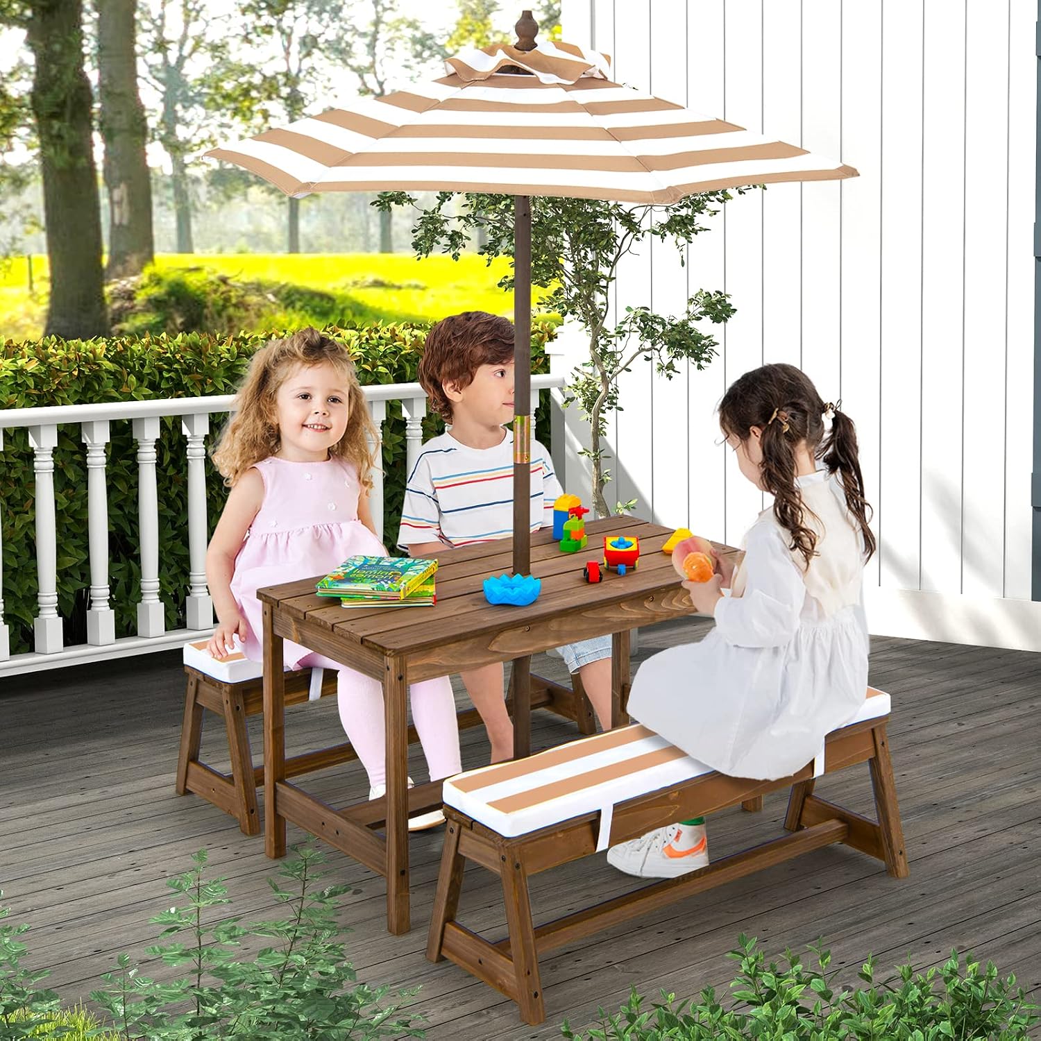 โต๊ะปิกนิกไม้สำหรับเด็กเล็ก, ช - Kids Outdoor Table With Umbrella บทวิจารณ์และราคา