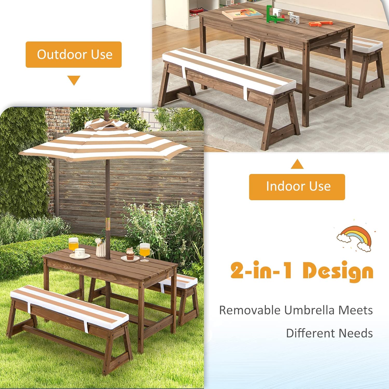 โต๊ะปิกนิกไม้สำหรับเด็กเล็ก, ช - Kids Outdoor Table With Umbrella บทวิจารณ์และราคา